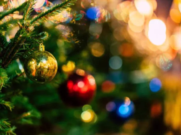 Glass ornaments and lights on a Christmas tree.