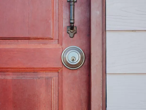Front door of a permanent residence in a new state