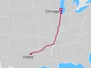 United States map showing a driving route from Dallas, Texas, to Chicago, Illinois.