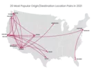 Map showing the top 20 U-Pack origin/destination pairs for 2021, marking moves from West coast cities (Tacoma, Seattle, Portland, Oakland, San Jose and San Berardino) to Phoenix, Denver, Dallas, Austin and Minneapolis.